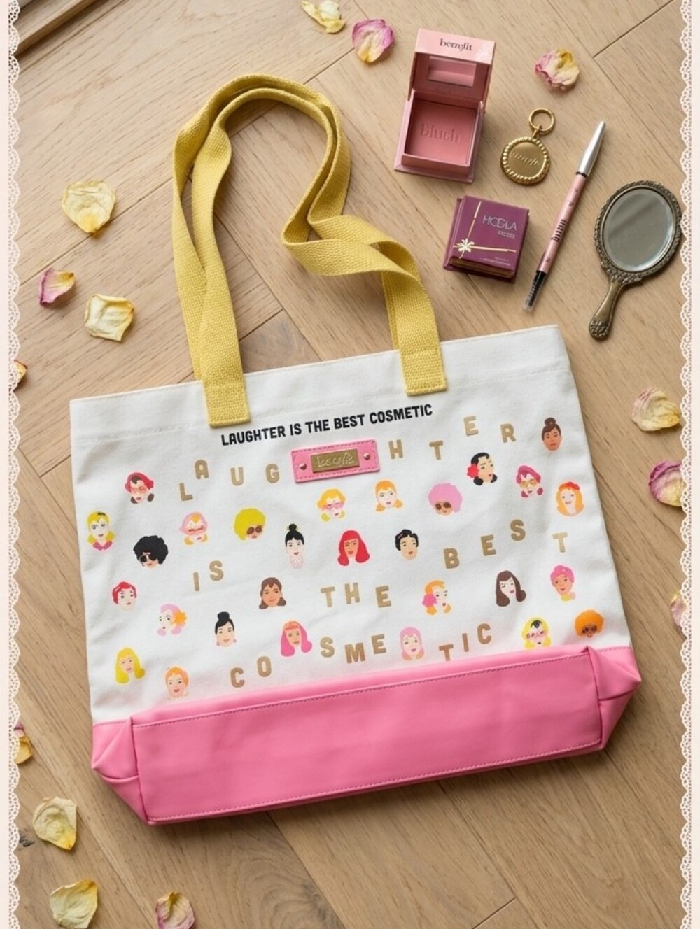 Benefit Beauty Cream Canvas Tote with Pink Base and Yellow Straps Ladies Faces
